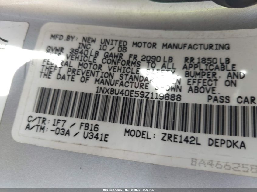 2009 Toyota Corolla Le VIN: 1NXBU40E59Z119888 Lot: 43272037