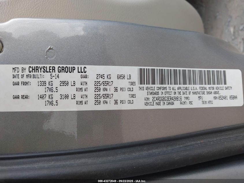 2014 Dodge Grand Caravan American Value Pkg VIN: 2C4RDGBG3ER420816 Lot: 43272049