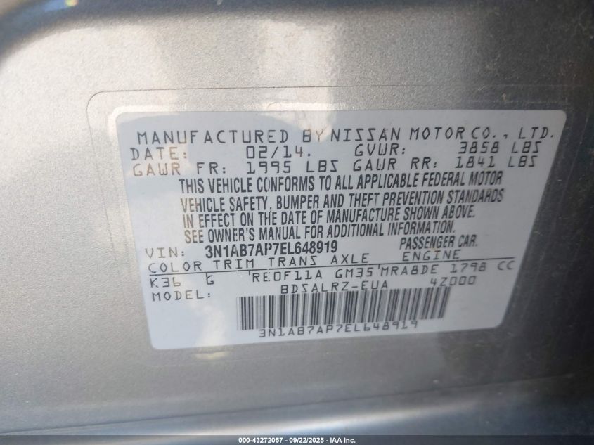 2014 Nissan Sentra Sr VIN: 3N1AB7AP7EL648919 Lot: 43272057