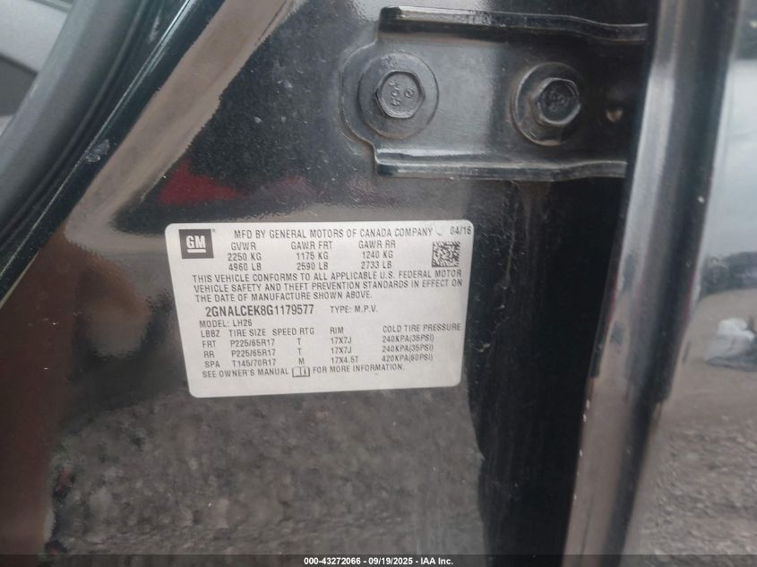2016 Chevrolet Equinox Lt VIN: 2GNALCEK8G1179577 Lot: 43272066