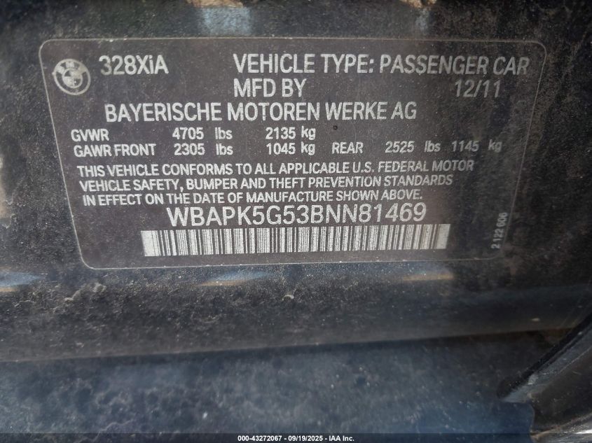 2011 BMW 328I xDrive VIN: WBAPK5G53BNN81469 Lot: 43272067