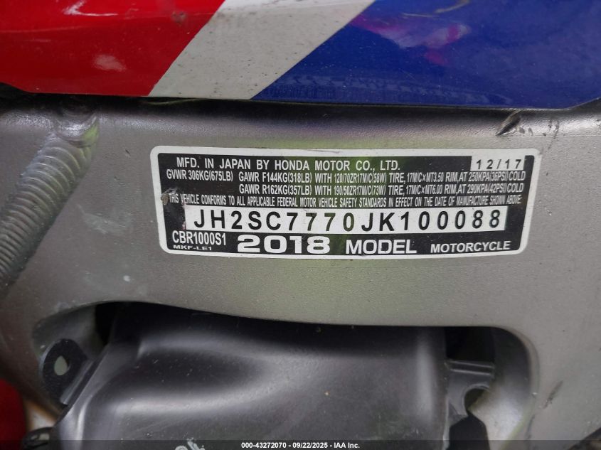 2018 Honda Cbr1000 Sp VIN: JH2SC7770JK100088 Lot: 43272070