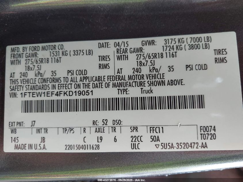 2015 Ford F-150 Xlt VIN: 1FTEW1EF4FKD19051 Lot: 43272076