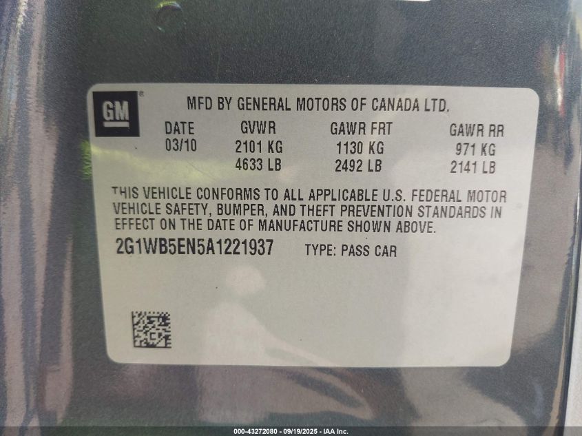 2010 Chevrolet Impala Lt VIN: 2G1WB5EN5A1221937 Lot: 43422234