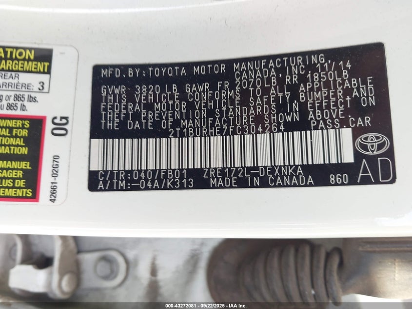 2015 Toyota Corolla Le VIN: 2T1BURHE7FC304264 Lot: 43272081