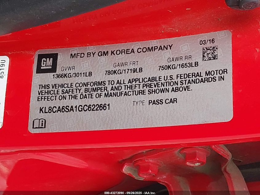 2016 Chevrolet Spark Ls Manual VIN: KL8CA6SA1GC622661 Lot: 43272090