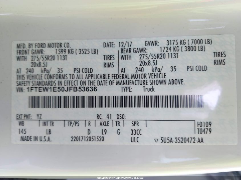 2018 Ford F-150 Lariat VIN: 1FTEW1E50JFB53636 Lot: 43272107