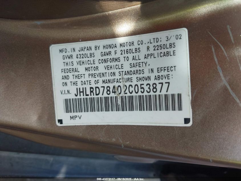 2002 Honda Cr-V Lx VIN: JHLRD78402C053877 Lot: 43272117