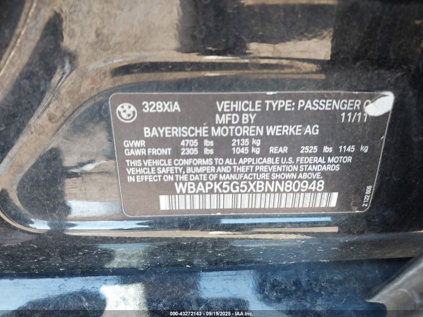 2011 BMW 328I xDrive VIN: WBAPK5G5XBNN80948 Lot: 43272143