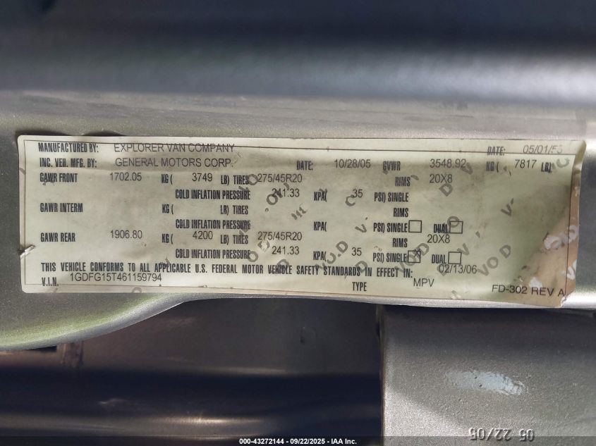 2006 GMC Savana Upfitter VIN: 1GDFG15T461159794 Lot: 43272144
