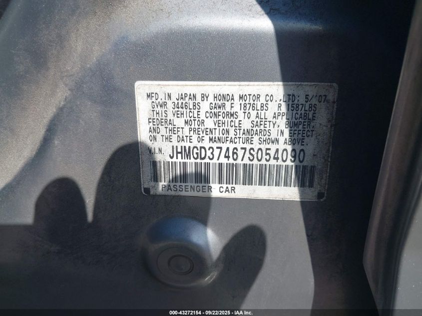 2007 Honda Fit VIN: JHMGD37467S054090 Lot: 43272154