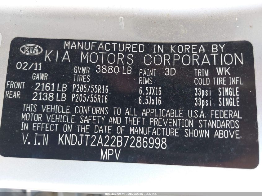 2011 Kia Soul + VIN: KNDJT2A22B7286998 Lot: 43272171