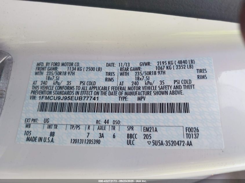 2014 Ford Escape Titanium VIN: 1FMCU9J95EUB77741 Lot: 43272173