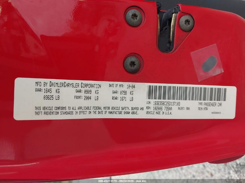 2005 Dodge Neon Sxt VIN: 1B3ES56C25D137103 Lot: 43272179