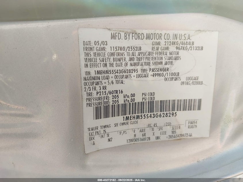 2003 Mercury Sable Ls Premium VIN: 1MEHM55S43G628295 Lot: 43272182