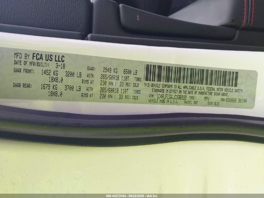 2018 Jeep Grand Cherokee Trailhawk 4X4 VIN: 1C4RJFLG6JC336932 Lot: 43272184