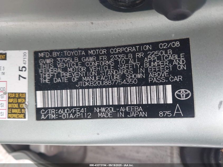 2008 Toyota Prius VIN: JTDKB20U887754350 Lot: 43272194
