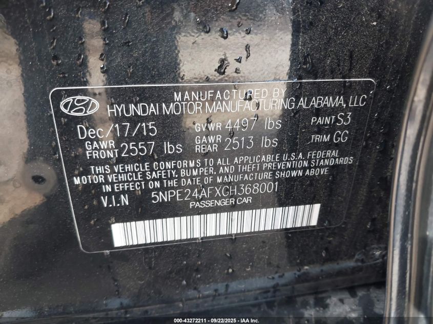 2016 Hyundai Sonata Se VIN: 5NPE24AFXGH368001 Lot: 43272211