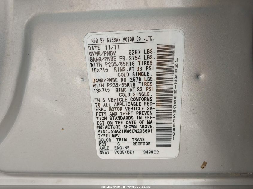 2012 Nissan Murano Sv VIN: JN8AZ1MW6CW208601 Lot: 43272231