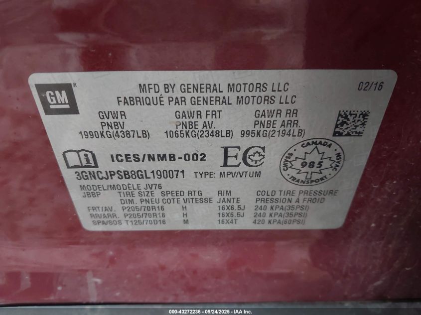 2016 Chevrolet Trax Lt VIN: 3GNCJPSB8GL190071 Lot: 43272236