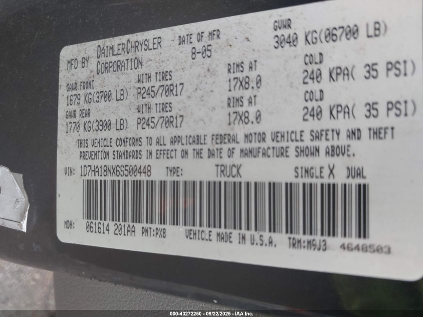 2006 Dodge Ram 1500 Slt VIN: 1D7HA18NX6S500448 Lot: 43272250