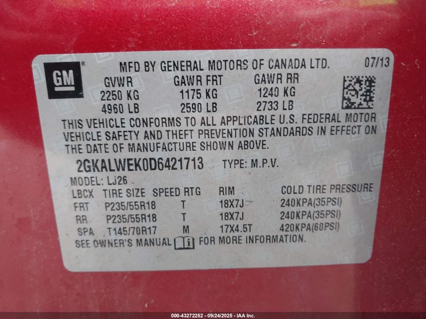 2013 GMC Terrain Slt-2 VIN: 2GKALWEK0D6421713 Lot: 43272252