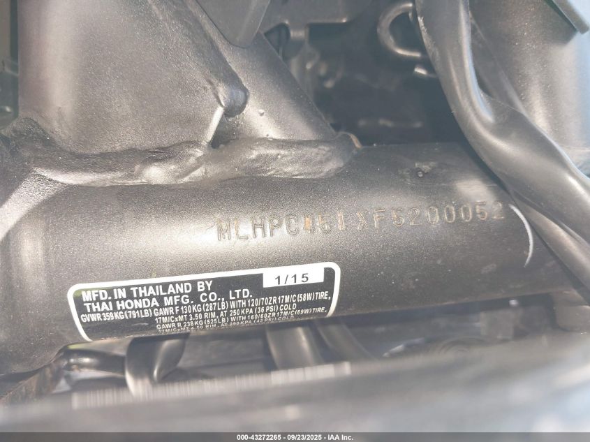 2015 Honda Cb500 F VIN: MLHPC451XF5200052 Lot: 43272265