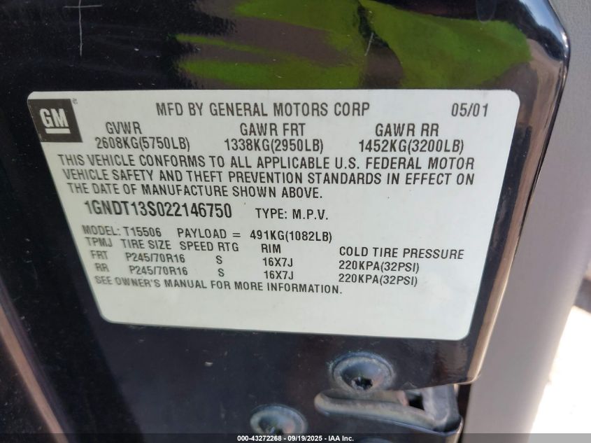 2002 Chevrolet Trailblazer Lt VIN: 1GNDT13S022146750 Lot: 43272268