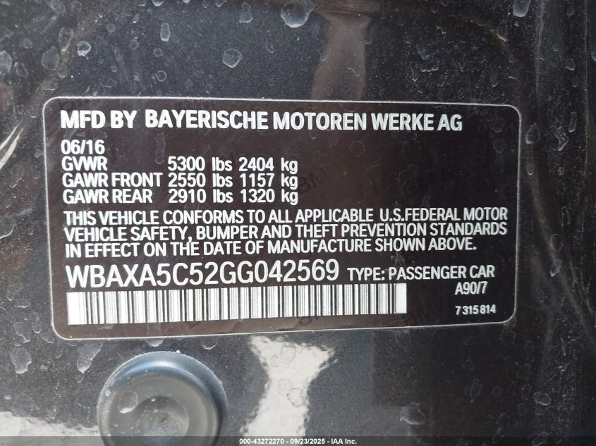 2016 BMW 535D VIN: WBAXA5C52GG042569 Lot: 43272270