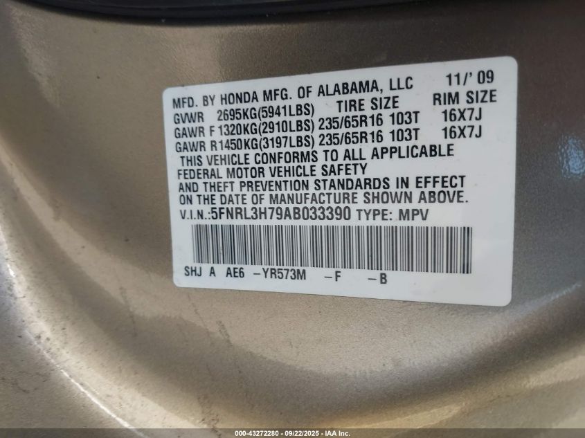 2010 Honda Odyssey Ex-L VIN: 5FNRL3H79AB033390 Lot: 43272280