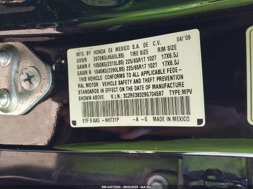 2009 Honda Cr-V Lx VIN: 3CZRE38329G704597 Lot: 43272294