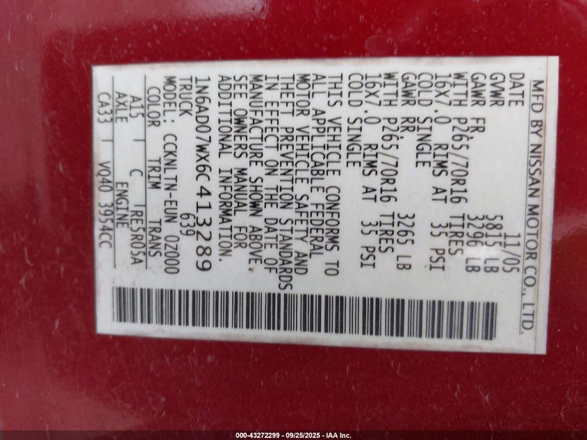 2006 Nissan Frontier Se VIN: 1N6AD07WX6C413289 Lot: 43272299