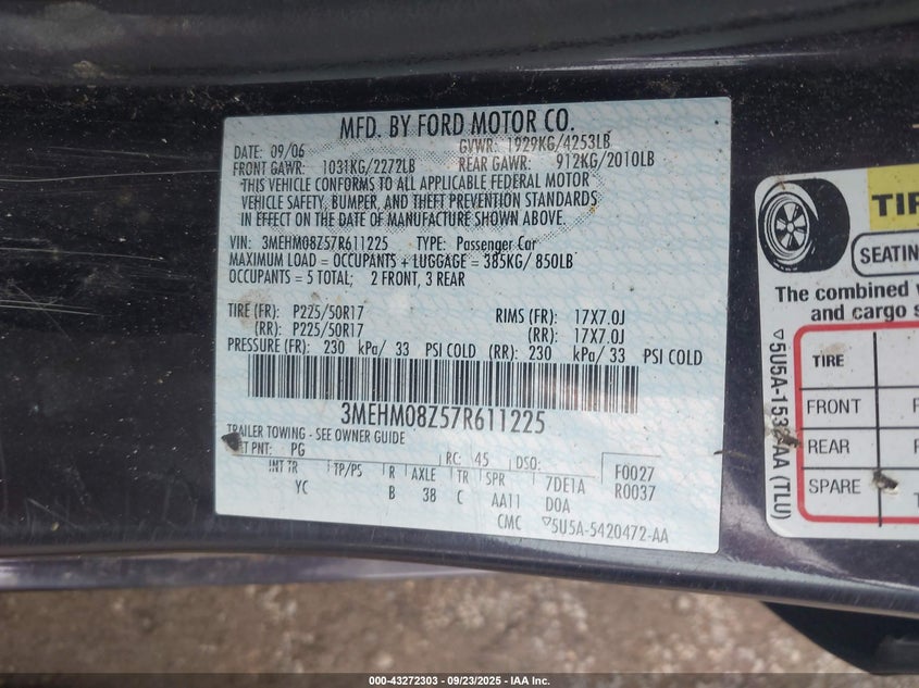 2007 Mercury Milan I4 Premier VIN: 3MEHM08Z57R611225 Lot: 43272303