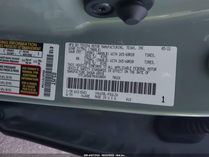 2022 TOYOTA TUNDRA LIMITED - 5TFJA5AB7NX010084