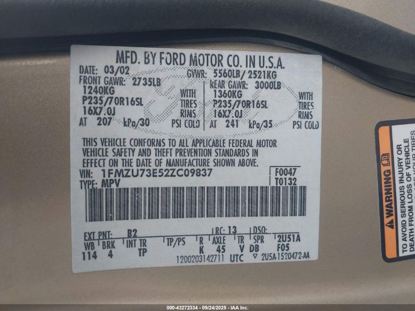 2002 Ford Explorer Xlt VIN: 1FMZU73E52ZC09837 Lot: 43272334