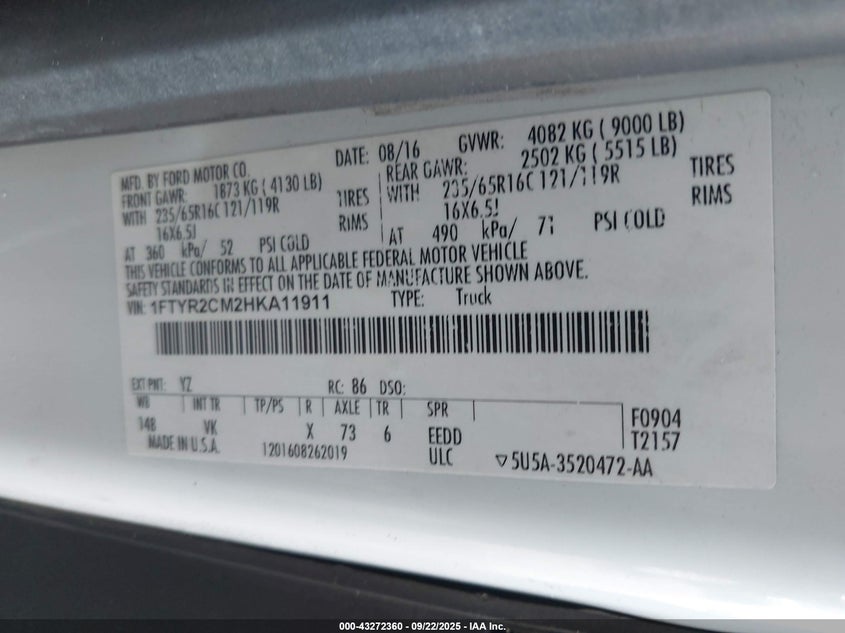 2017 FORD TRANSIT-250 1FTYR2CM2HKA11911