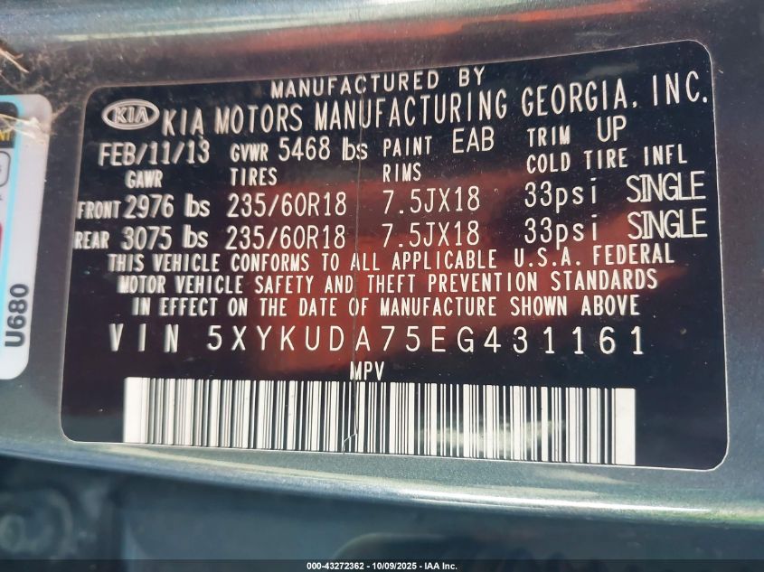 2014 Kia Sorento Ex V6 VIN: 5XYKUDA75EG431161 Lot: 43272362