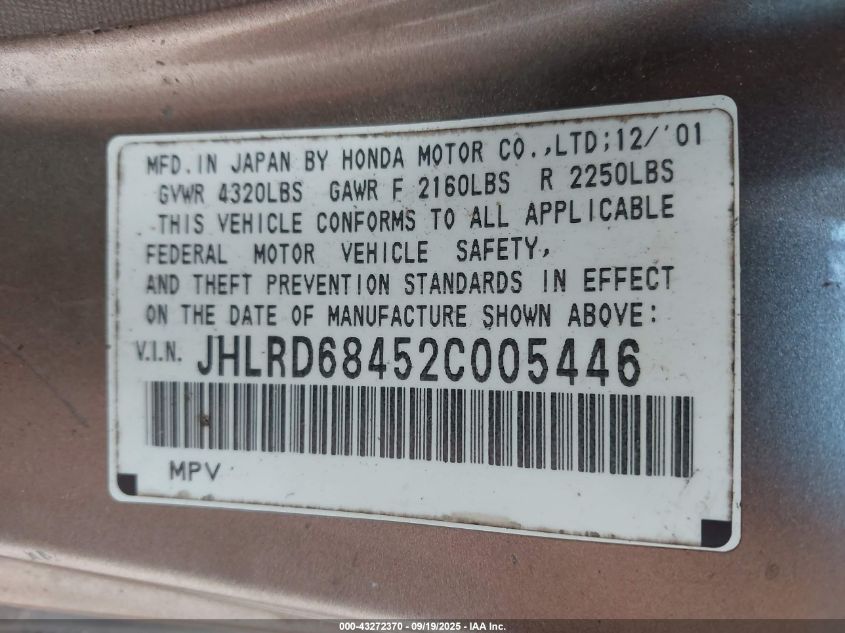 2002 Honda Cr-V Lx VIN: JHLRD68452C005446 Lot: 43272370