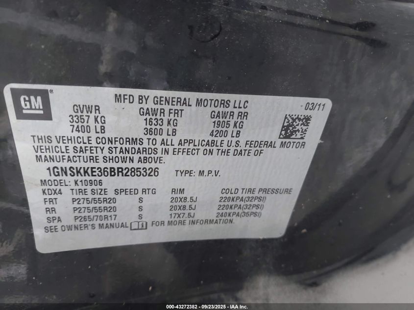 2011 Chevrolet Suburban 1500 Ltz VIN: 1GNSKKE36BR285326 Lot: 43272382