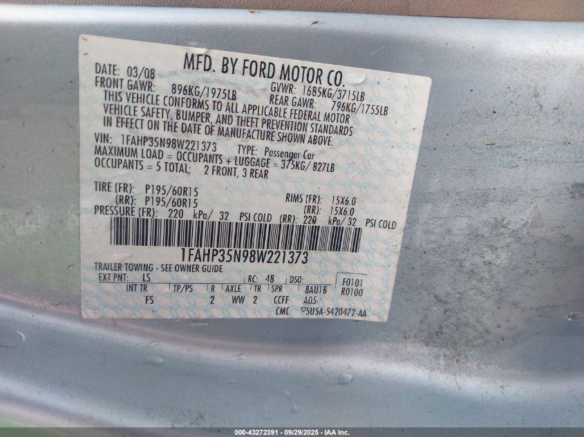 2008 Ford Focus Se/Ses VIN: 1FAHP35N98W221373 Lot: 43272391