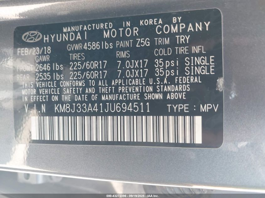 2018 Hyundai Tucson Sel VIN: KM8J33A41JU694511 Lot: 43272396