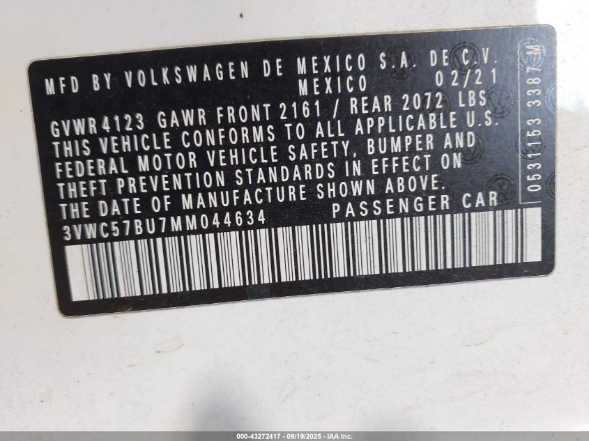 2021 Volkswagen Jetta 1.4T R-Line/1.4T S/1.4T Se VIN: 3VWC57BU7MM044634 Lot: 43272417