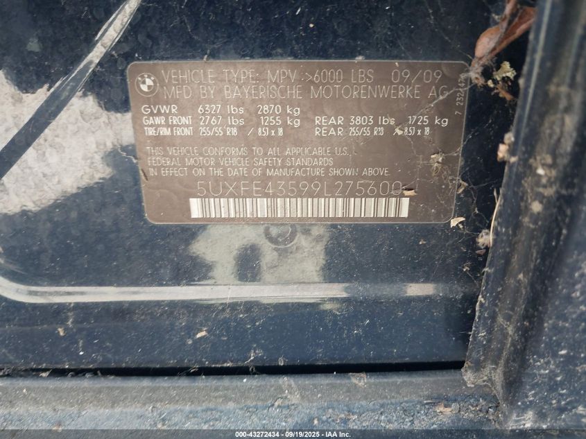 2009 BMW X5 xDrive30I VIN: 5UXFE43599L275600 Lot: 43272434