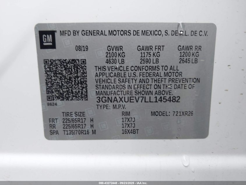 2020 Chevrolet Equinox Awd Lt 1.5L Turbo VIN: 3GNAXUEV7LL145482 Lot: 43272448