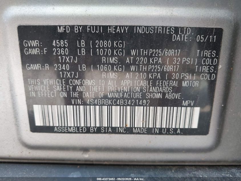 2011 Subaru Outback 2.5I Limited VIN: 4S4BRBKC4B3421492 Lot: 43272452