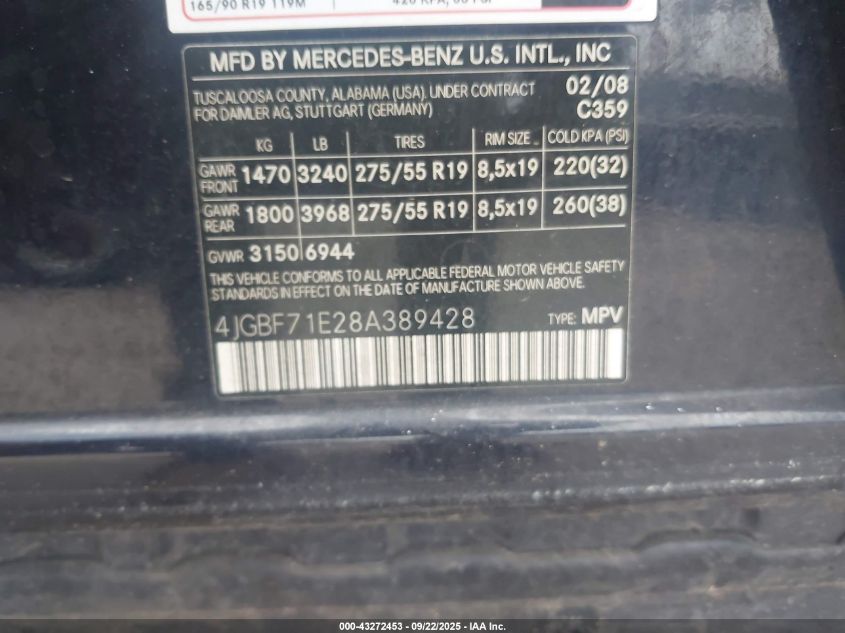 2008 Mercedes-Benz Gl 450 4Matic VIN: 4JGBF71E28A389428 Lot: 43272453