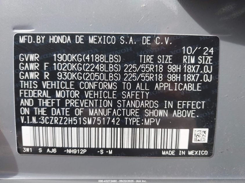 2025 Honda Hr-V Awd Sport VIN: 3CZRZ2H51SM751742 Lot: 43272460