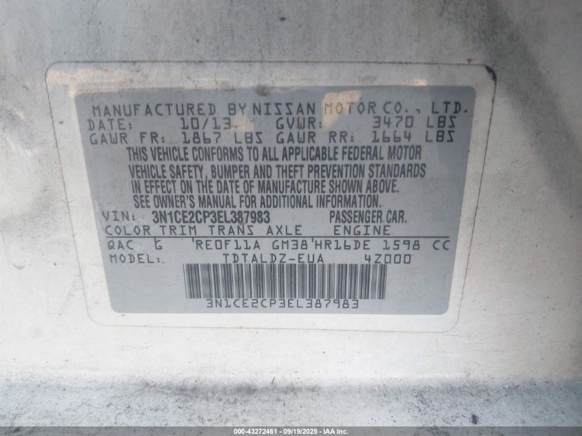 2014 Nissan Versa Note Sv VIN: 3N1CE2CP3EL387983 Lot: 43272461