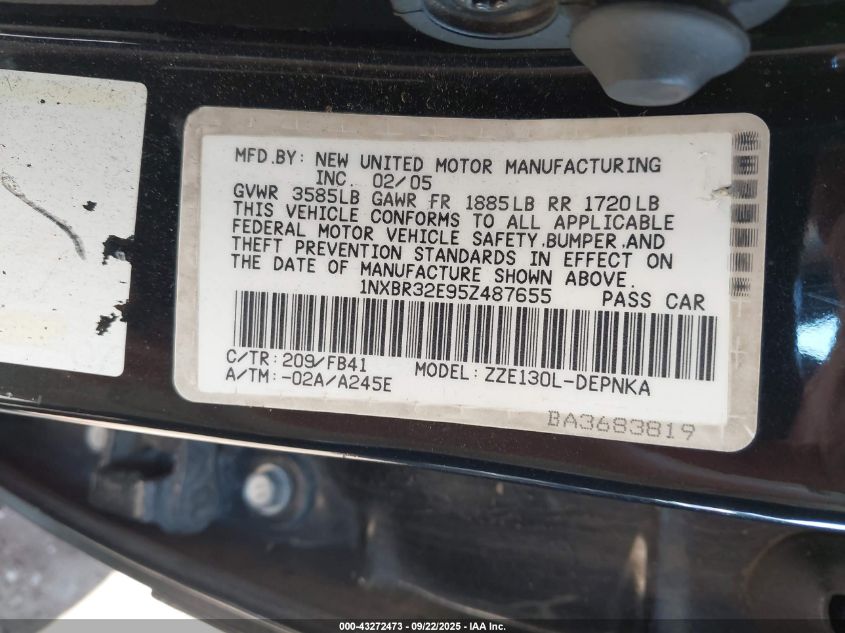 2005 Toyota Corolla Le VIN: 1NXBR32E95Z487655 Lot: 43272473