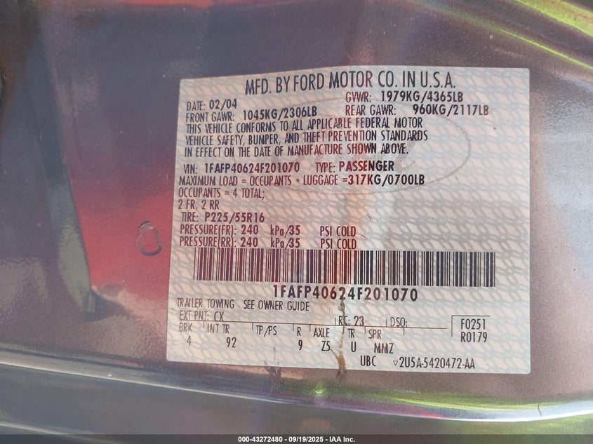 2004 Ford Mustang VIN: 1FAFP40624F201070 Lot: 43272480
